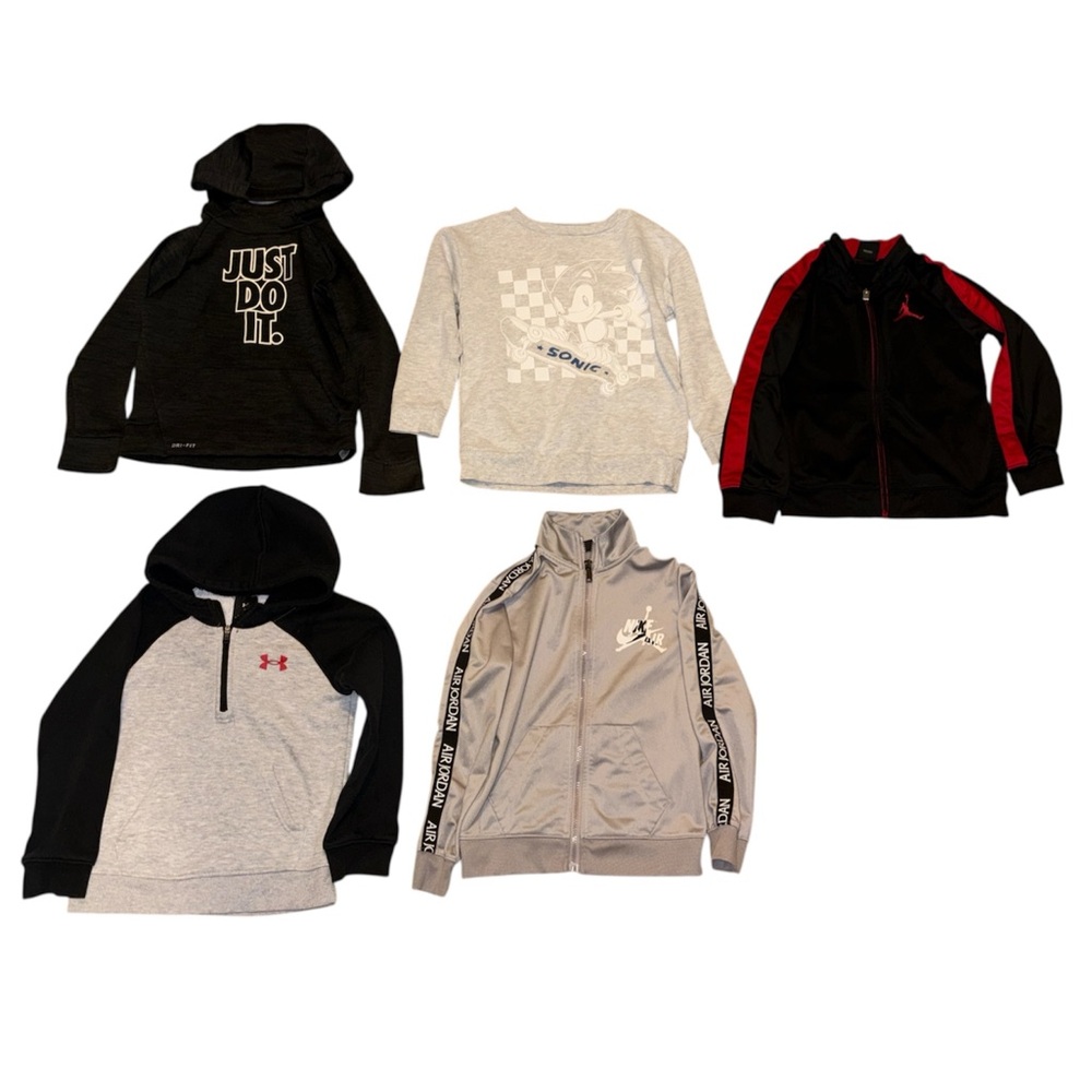 Boys 5/6 lot of 5 jackets sweatshirt Nike Jordan under armour sonic